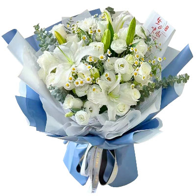 银川11朵白玫瑰桔梗百合，爱永恒不息