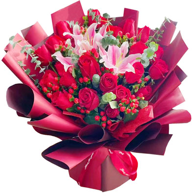 银川22朵红玫瑰百合，爱的火焰