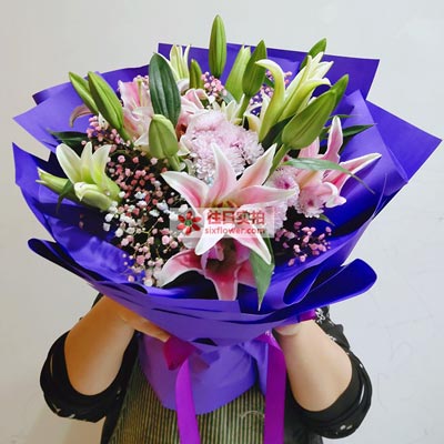 银川6支粉色多头百合，真诚的问候